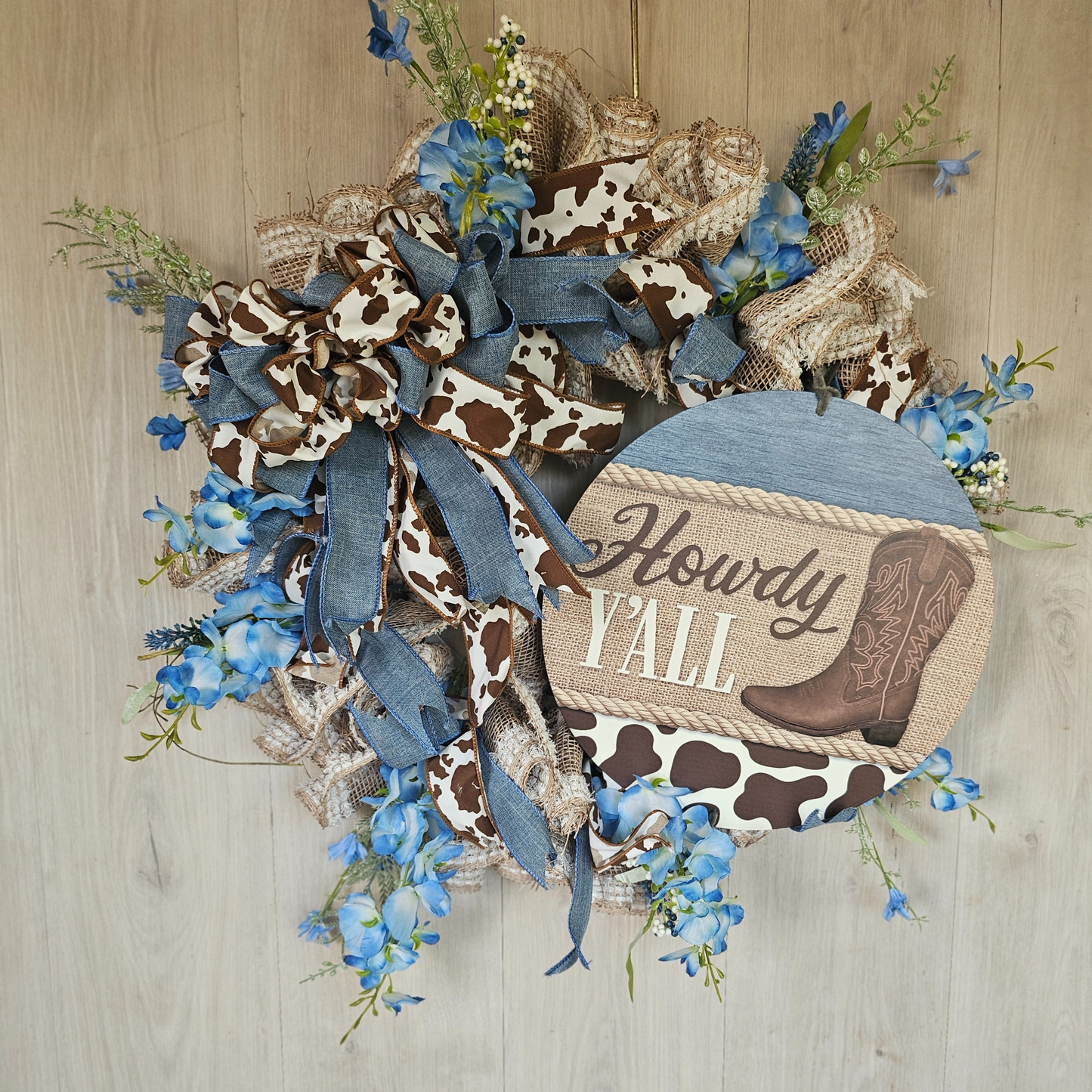 Howdy Y'All Wreath Rustic Blue and Brown Farmhouse Decor Boot