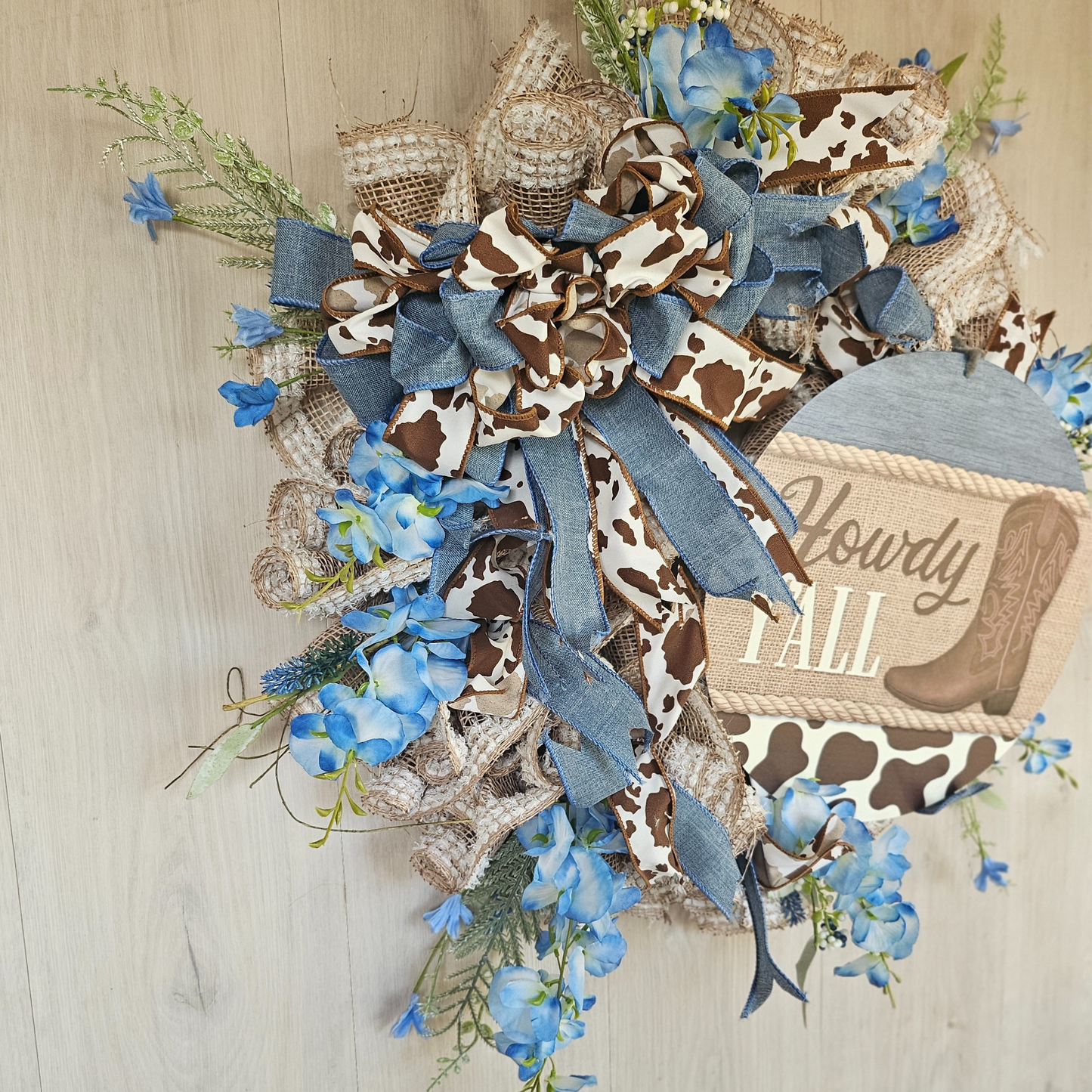 Howdy Y'All Wreath Rustic Blue and Brown Farmhouse Decor Boot