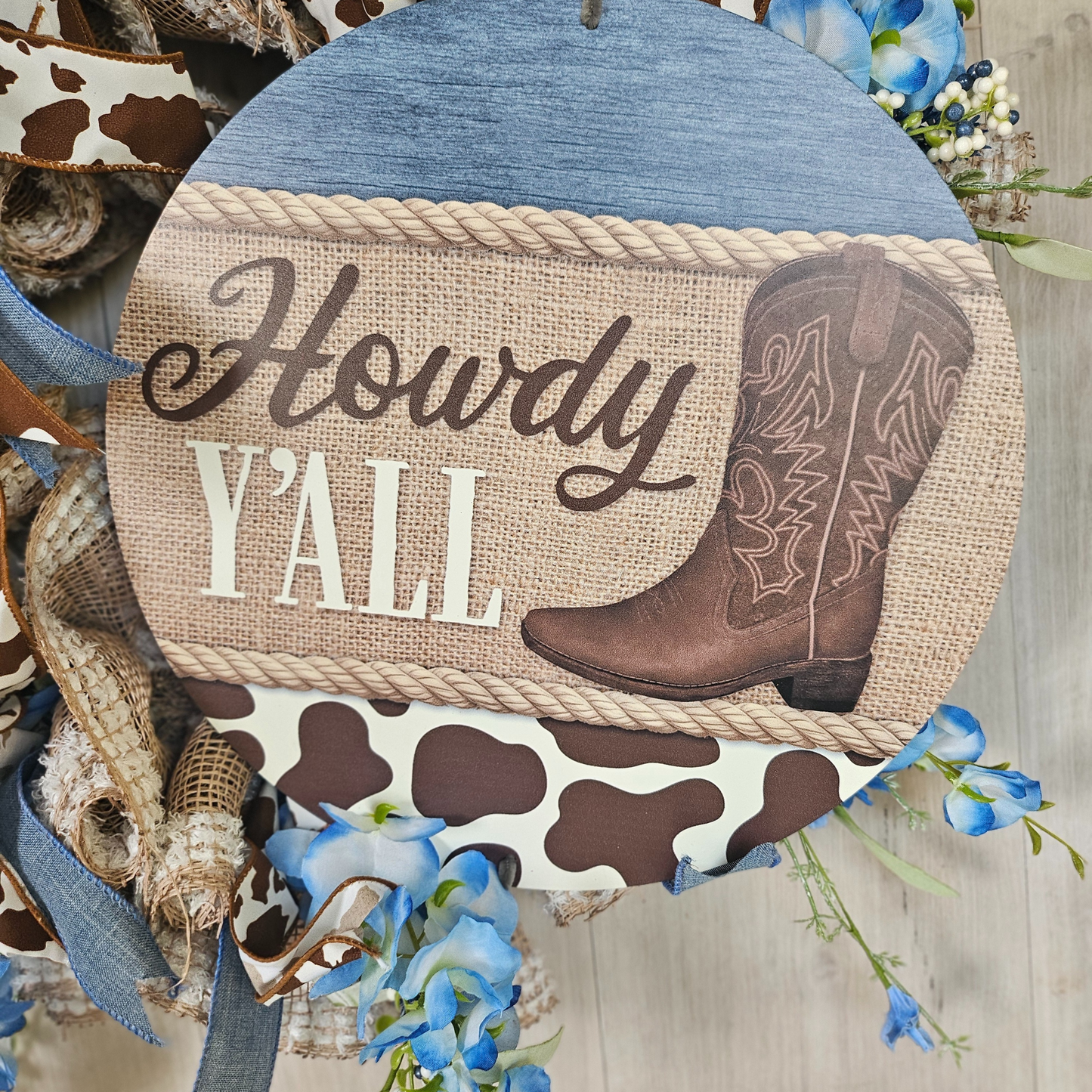 Howdy Y'All Wreath Rustic Blue and Brown Farmhouse Decor Boot