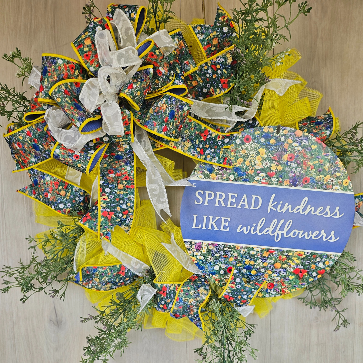 Spread Kindness Like Wildflowers Wreath Yellow White Flower Decor