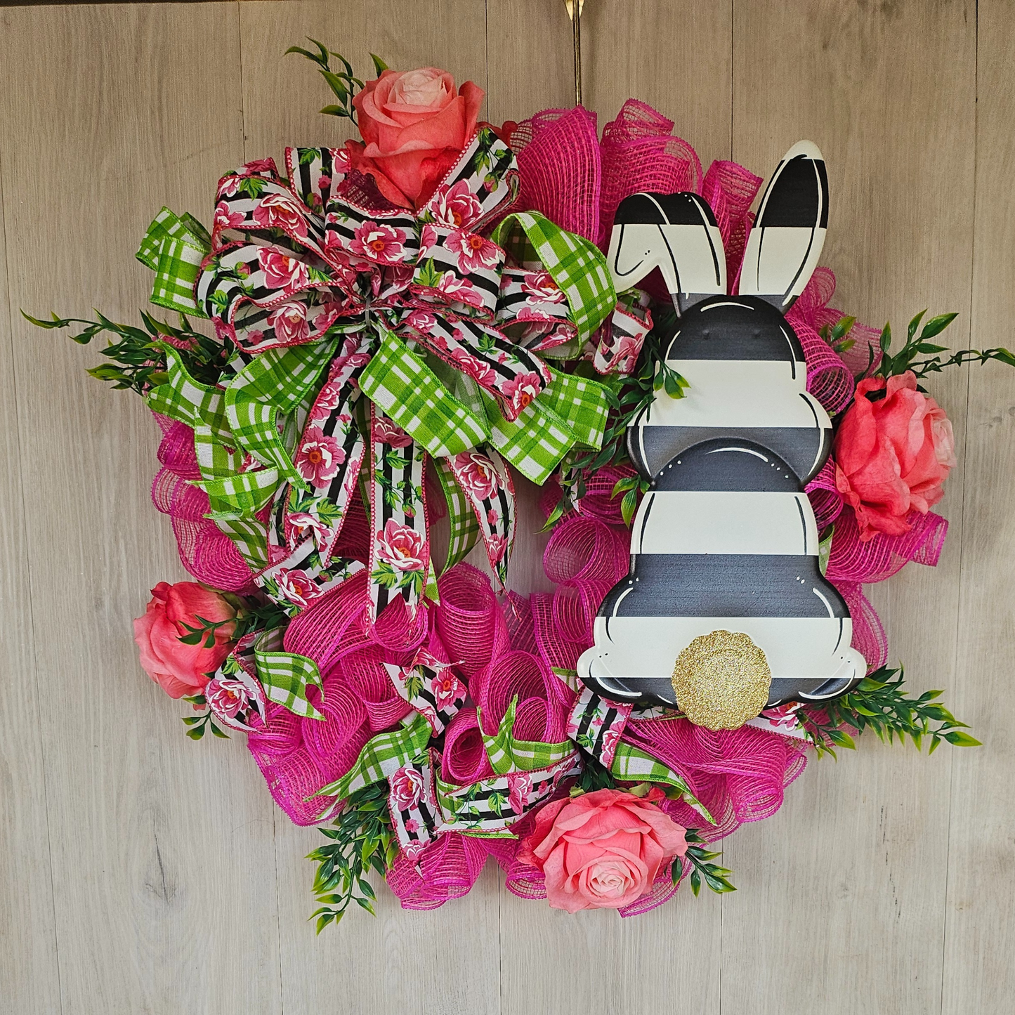 Black White Stripe Bunny Wreath Easter Decor