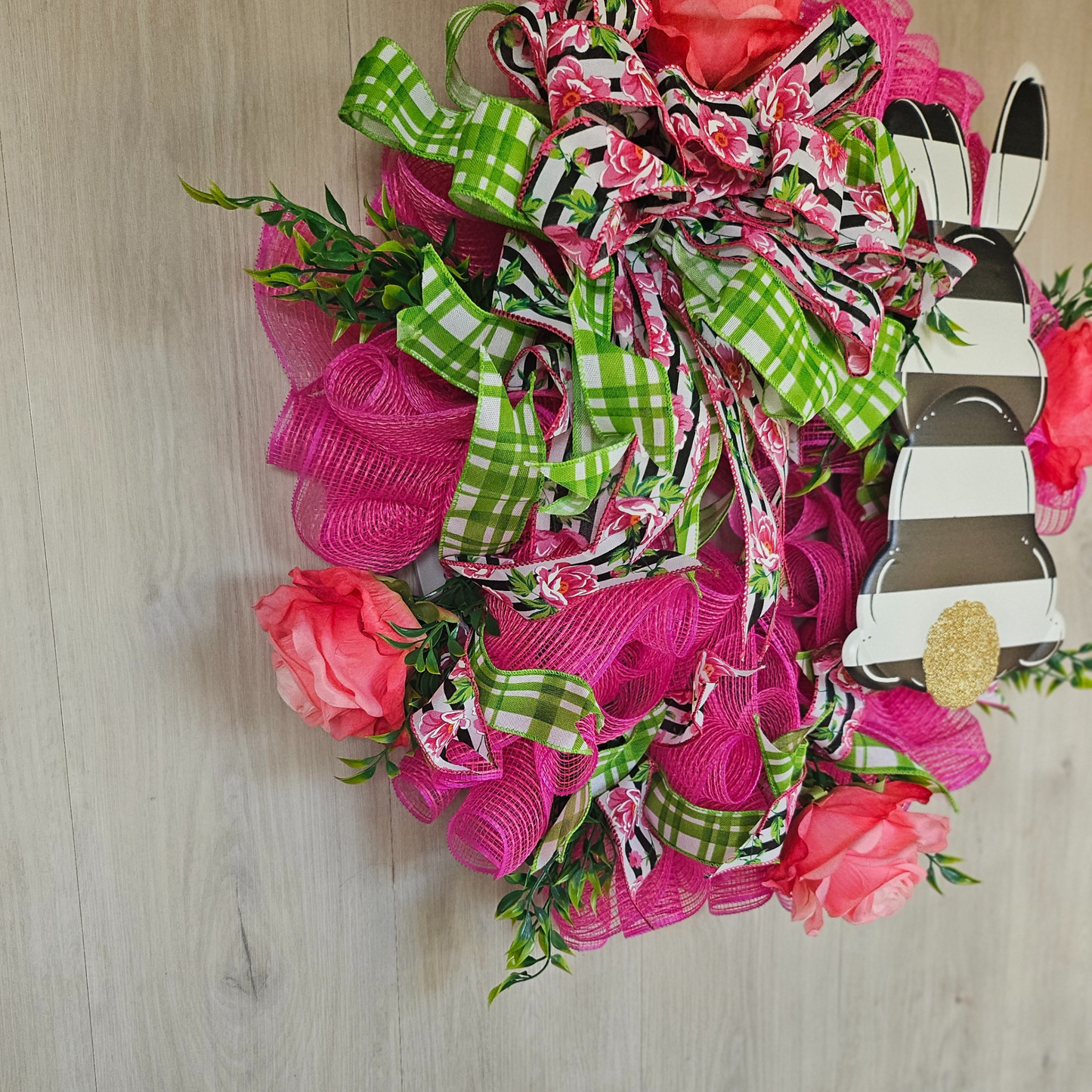Black White Stripe Bunny Wreath Easter Decor