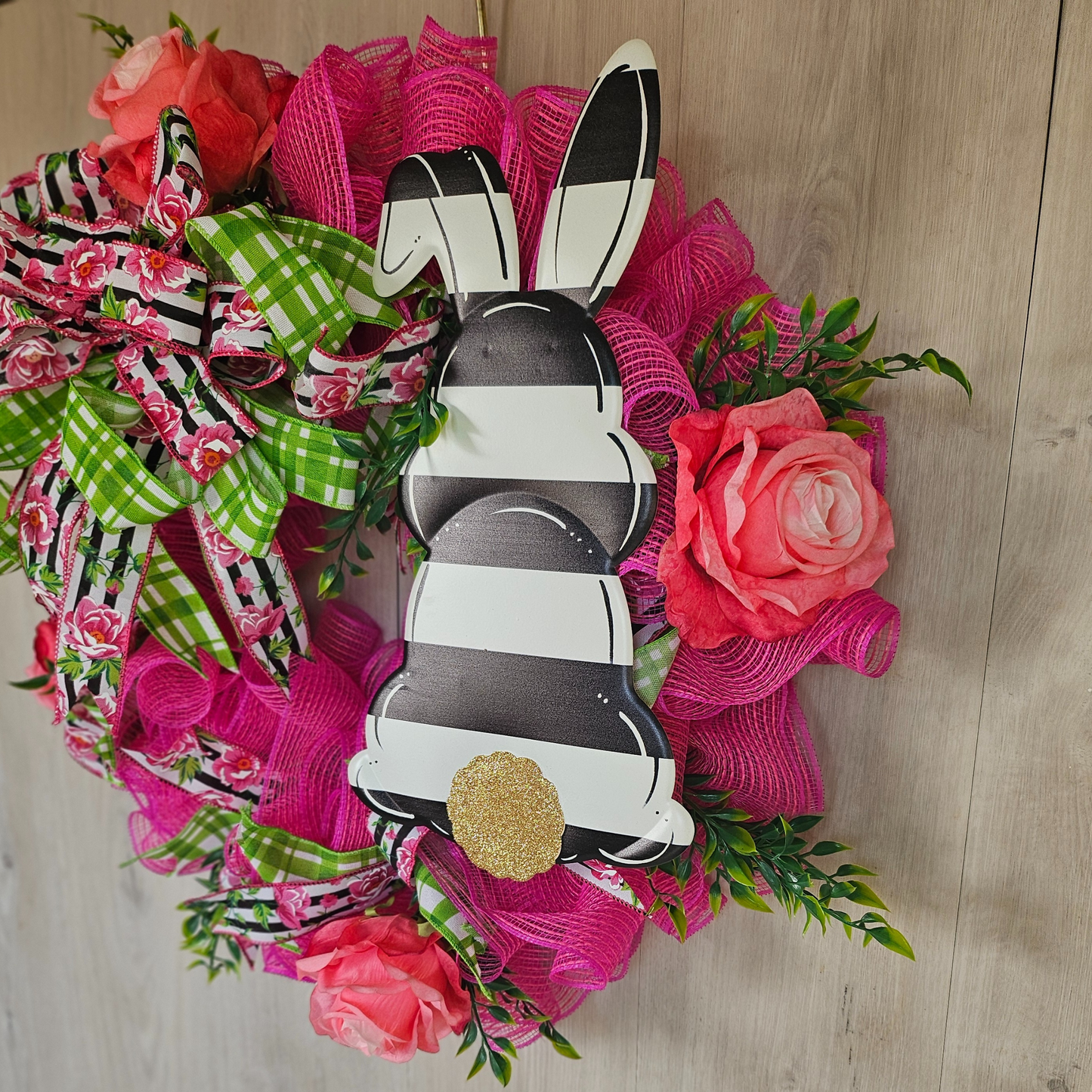 Black White Stripe Bunny Wreath Easter Decor