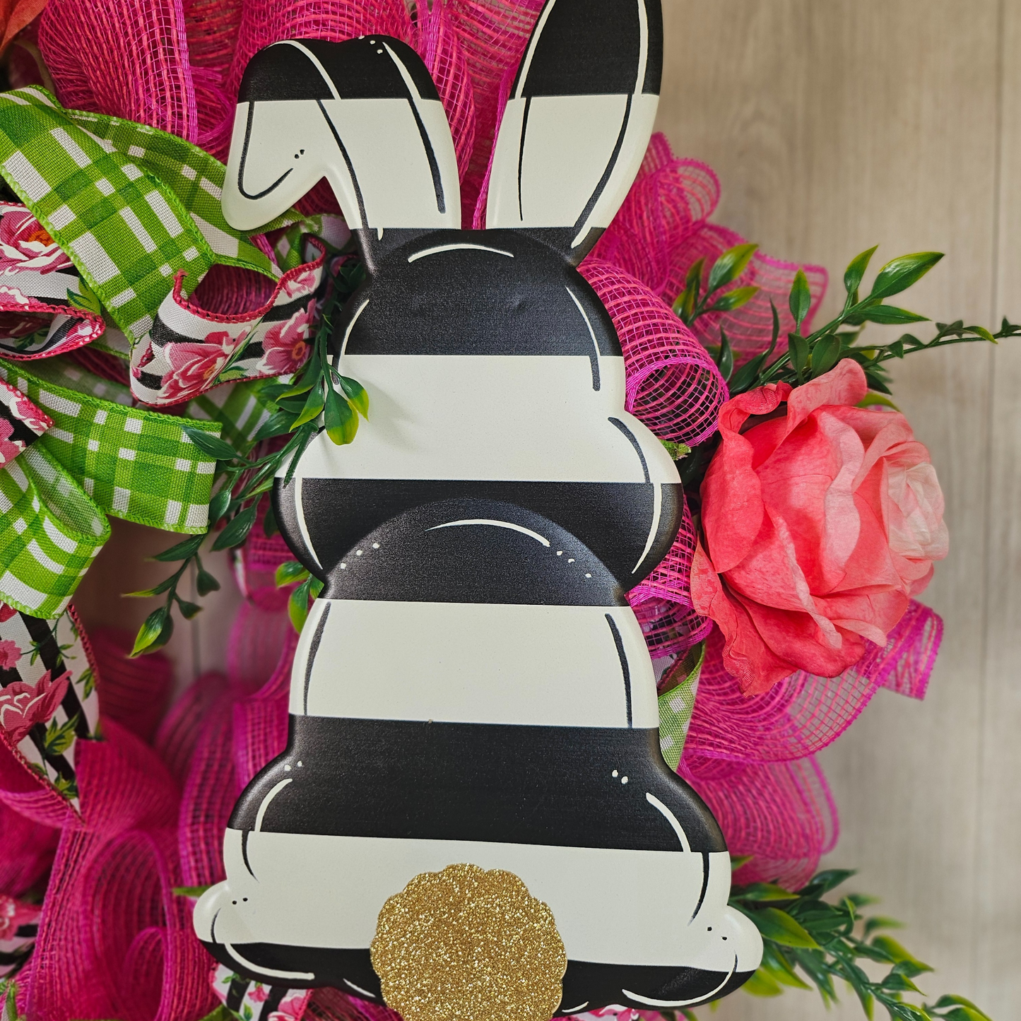 Black White Stripe Bunny Wreath Easter Decor
