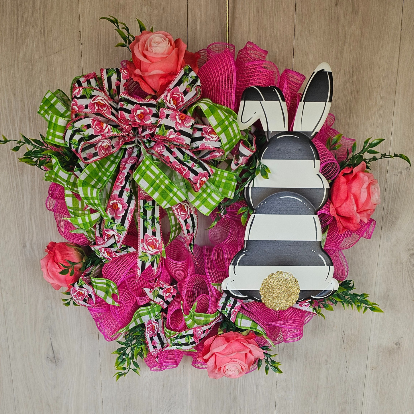 Black White Stripe Bunny Wreath Easter Decor
