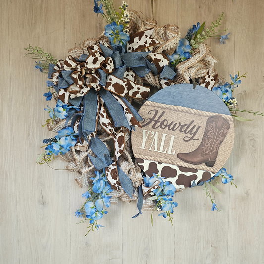 Howdy Y'All Wreath Rustic Blue and Brown Farmhouse Decor Boot