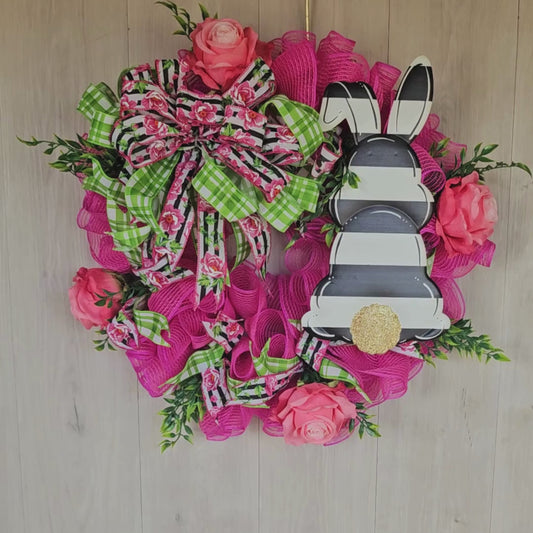 Black White Stripe Bunny Wreath Easter Decor